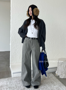 ［T台］T-PLATFORM广州十三行冬款厚绒牛仔裤高腰遮胯香蕉裤93283