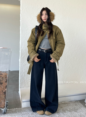 ［T台］T-PLATFORM广州十三行高腰显瘦直筒裤冬款厚绒牛仔裤93285