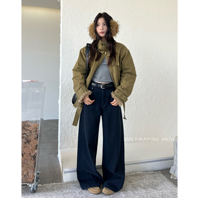 T台高腰显瘦厚绒牛仔裤