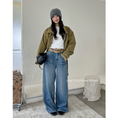 T台冬季抓绒牛仔拖地裤