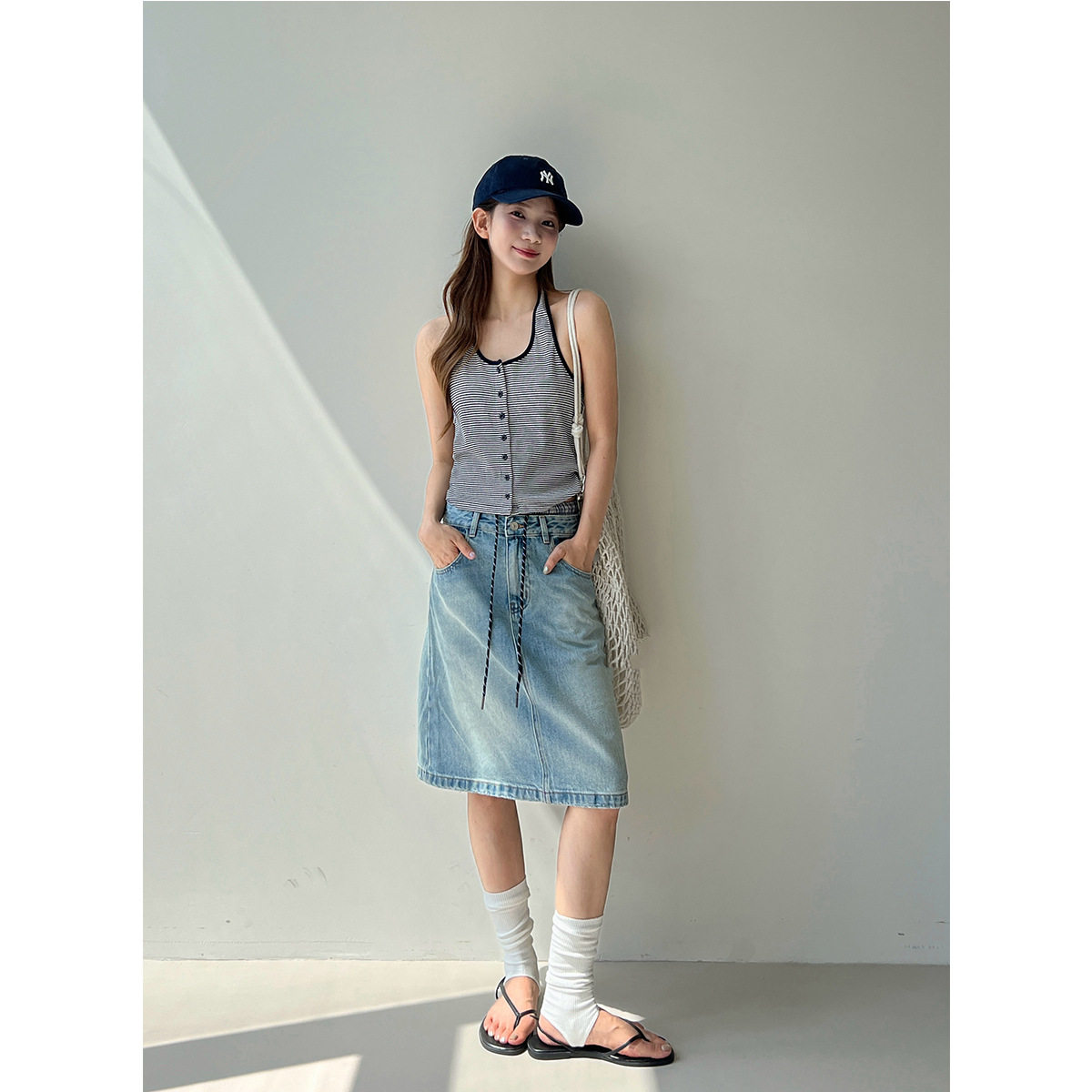 T-PLATFORM 夏日怀旧风辣妹半身裙女高腰显瘦拼接裤头牛仔裙25226