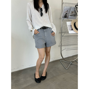 T台/T-PLATFORM 韩版简约卷边牛仔短裤女小众高级裤子灰蓝色68056