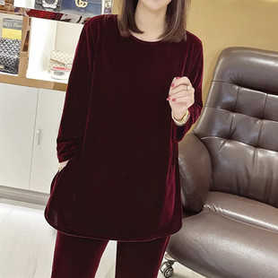 气质进口丝绒小脚裤套装新款女春秋气质复古中长款上衣两件套大码