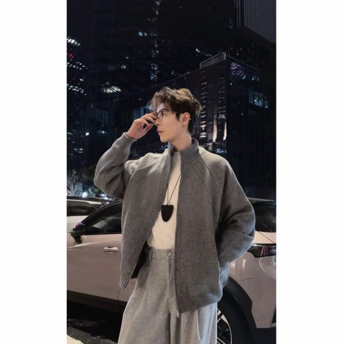 辰皇后针织开衫白鹅绒羽绒服毛衣男冬季潮流纯色休闲宽松男外套