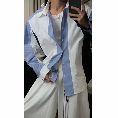 新款时尚潮流百搭美式休闲风设计师款拼接格子男士宽松痞帅衬衫