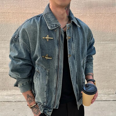 「飞机扣 时尚潮流」春季新款舒适牛仔夹克男士宽松复古翻领外套