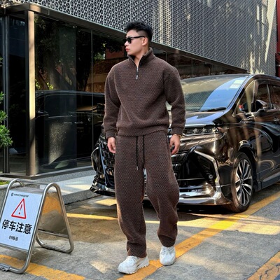 美狮潮牌H·K美狮潮牌冬季加绒加厚老钱风千鸟格纹保暖套装男女