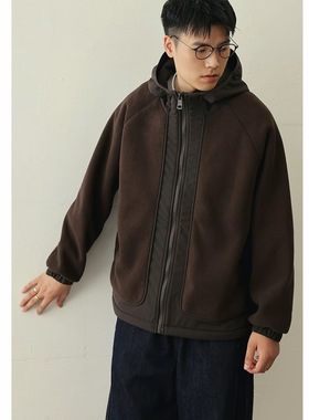 阿哲服饰店2025冬季极简风拼接摇粒绒连帽棉服外套夹克58606