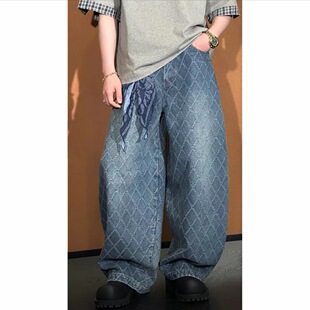 复古痞帅牛仔裤 2026春季 高级格纹设计美式 小众时尚 阔腿潮男 新品