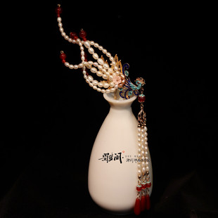 蜀梦阁原创汉服头饰珍珠烧蓝发夹景泰蓝凤凰簪子流苏简约古风饰品