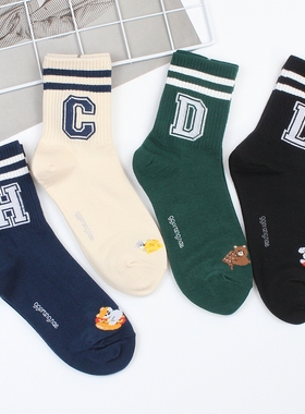 袜子女韩国进口ggorangnae女中筒棉排汗左右不对称两道杠字母蓝色