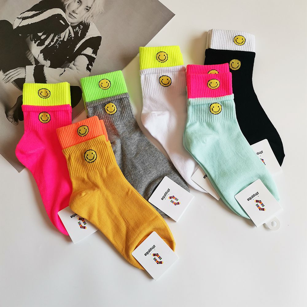 彩色可爱笑脸双层糖果色女袜韩国进口中筒运动搭配小白鞋穿的纯色