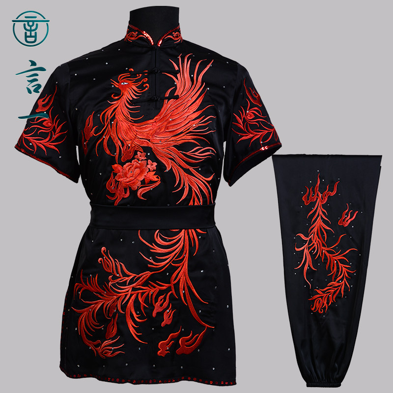 言一武术新款红凤刺绣亮钻表演彩服比赛武术服长拳服南拳定做
