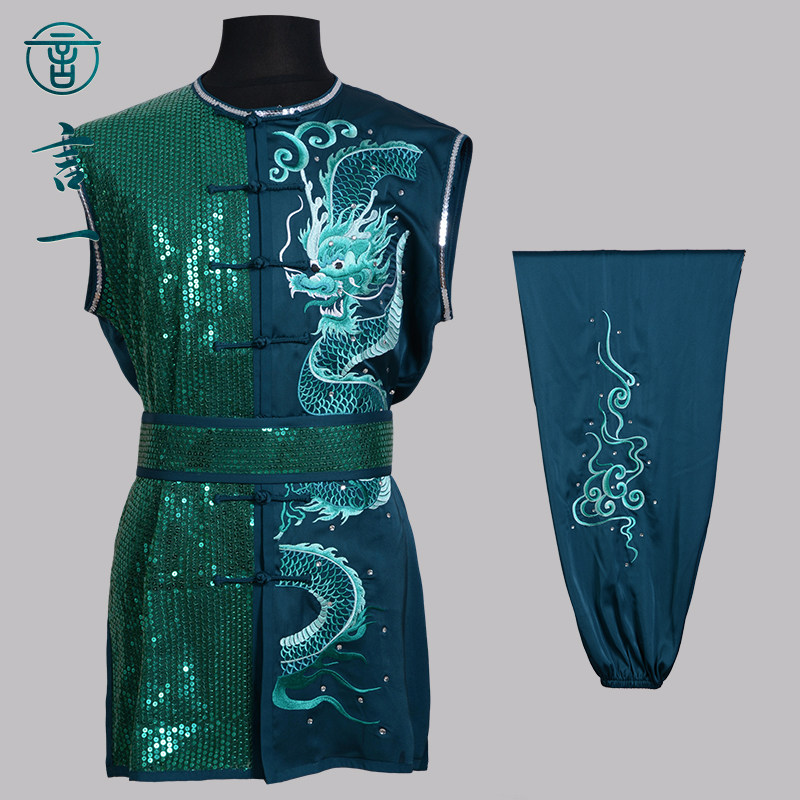 言一武术南拳绣龙墨绿色武术服仿真丝刺绣少年长拳服儿童