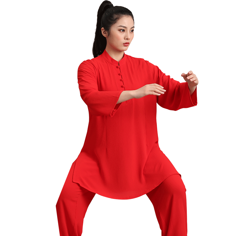言一夏季新款泡泡麻弹力修身中长款太极服比赛表演练功服中国风女