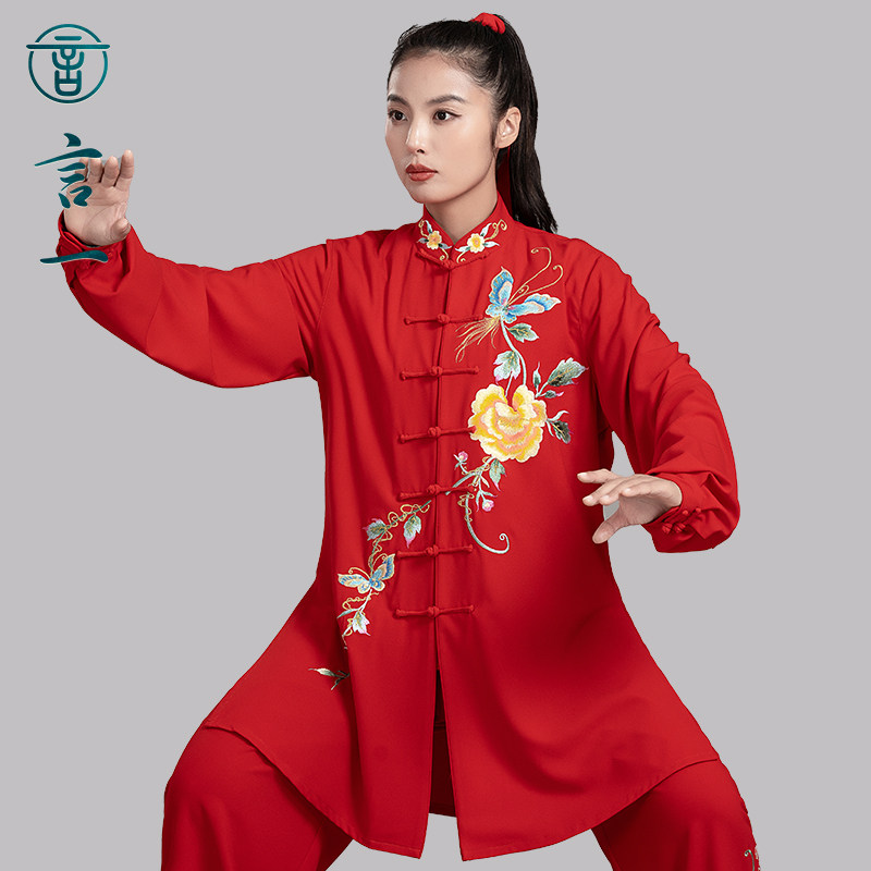 言一太极新款太极服刺绣牡丹比赛服表演服练功服气功八段锦男女
