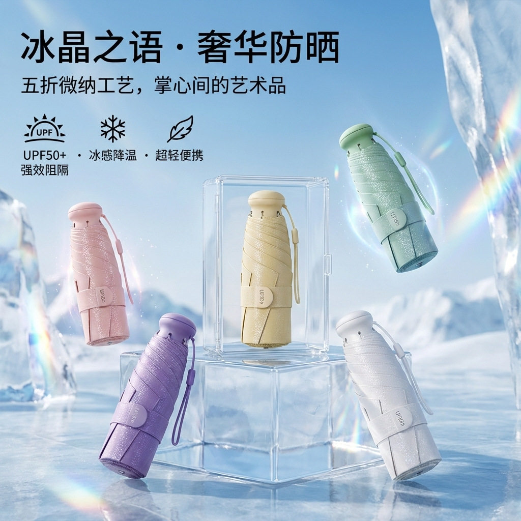 五折伸缩手柄折叠伞高颜值创意冰钻遮阳伞晴雨两用防晒伞雨伞批货