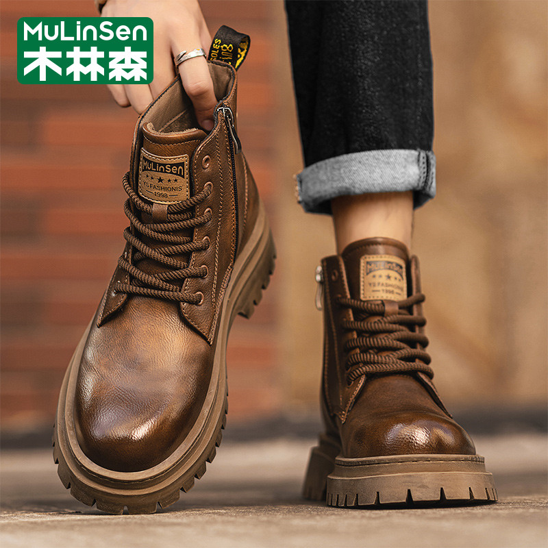 木林森马丁男靴子2025年新款冬季中高帮工装皮鞋复古户外登山短靴,流行男鞋,时装靴,淘宝优惠券,粉丝福利购,淘宝优惠卷
