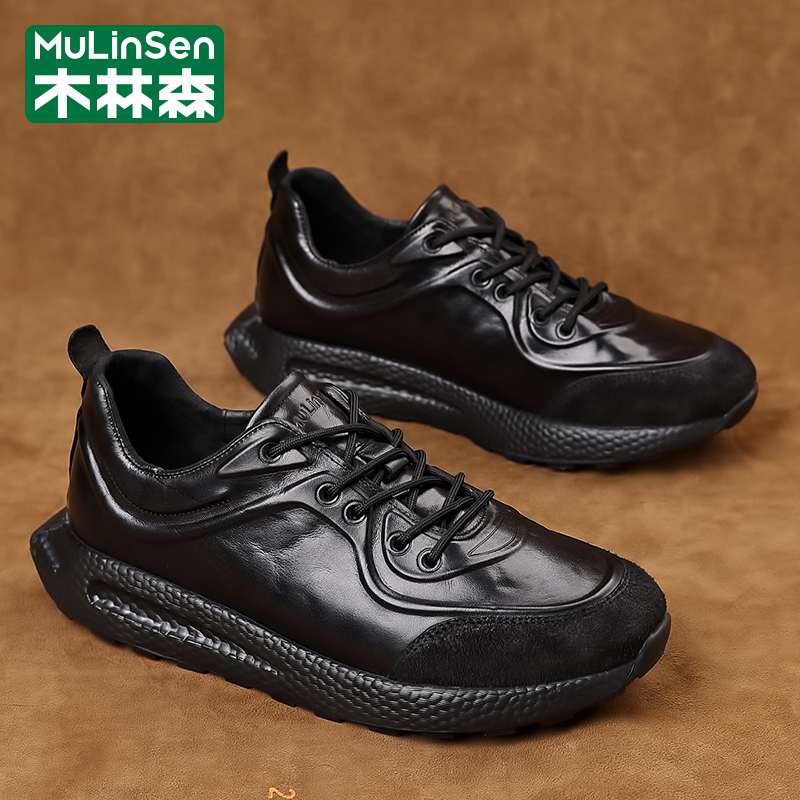 木林森男鞋冬季头层牛皮黑色爆米花厚底休闲运动阿甘跑步老爹皮鞋