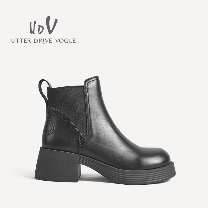 UDV2024秋冬新品真皮小牛皮时装裸靴粗跟防滑女鞋时尚加绒烟筒靴