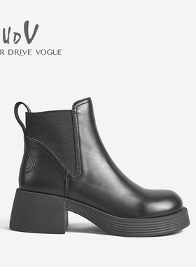 UDV2024秋冬新品真皮小牛皮时装裸靴粗跟防滑女鞋时尚加绒烟筒靴