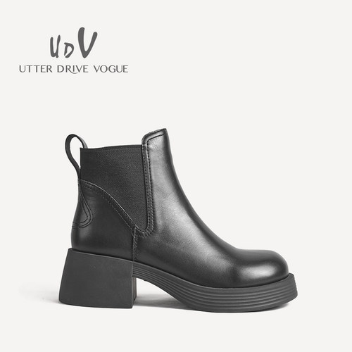 UDV2024秋冬新品真皮小牛皮时装裸靴粗跟防滑女鞋时尚加绒烟筒靴