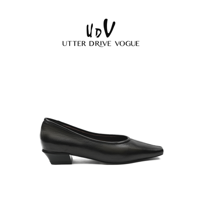 UDV粗跟羊皮通勤单鞋女2026春季新款方头黑色高跟鞋舒适不累脚