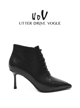 UDV胎牛皮系带细跟尖头高跟踝靴女2025秋冬款复古时尚气质马丁靴