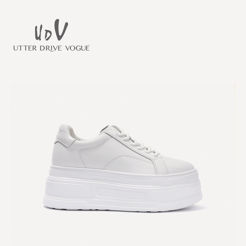 UDV2024秋季新款小白鞋厚底真皮简约时尚休闲鞋系带圆头舒适女鞋