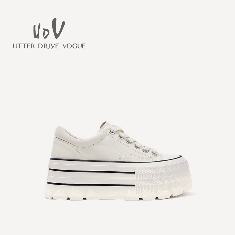 UDV2024秋冬真皮牛皮撞色休闲滑板鞋圆头厚底学院风女鞋