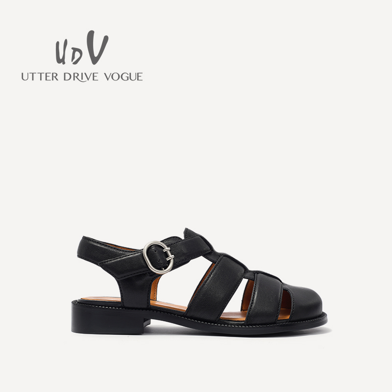 UDV2024春夏真皮牛皮时尚猪笼鞋圆头平底休闲女鞋英伦风罗马鞋