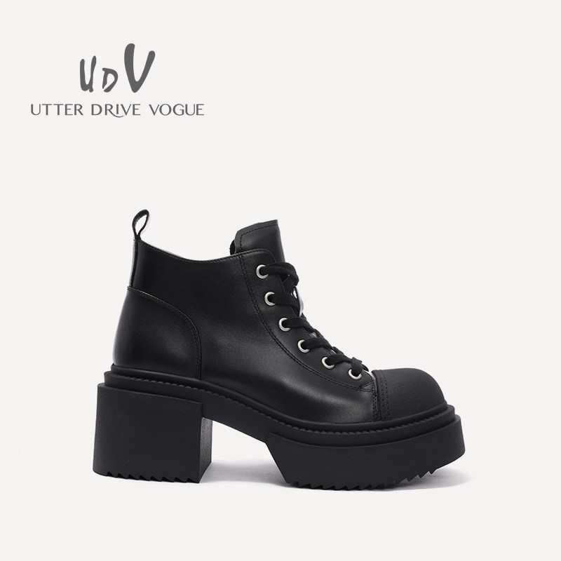 UDV2024秋冬新品真皮牛皮时装马丁靴圆头厚底英伦风女鞋系带靴子