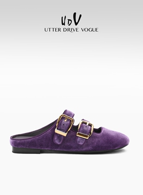 UDV复古玛丽珍半拖女2025春季新款重工丝绒单鞋法式软平底包头鞋