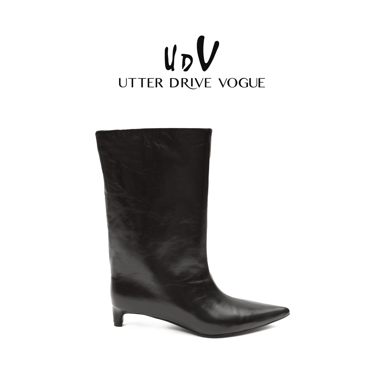 UDV时髦复古细跟短靴女2025秋季新款真皮单靴中跟宽筒靴子尖头