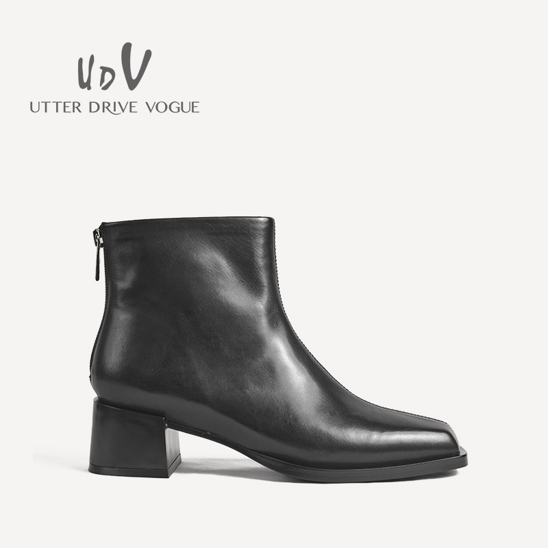 UDV2024秋冬新品真皮胎牛皮时装裸靴方圆头低跟女鞋时尚裸靴