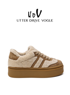 UDV绒感羊毛皮圆头休闲鞋2025秋冬新款加绒保暖时尚女运动保暖鞋