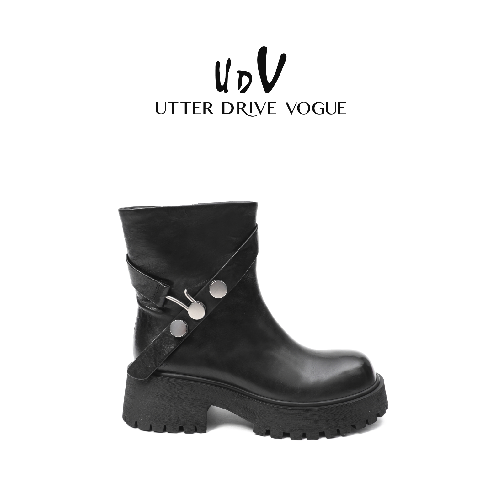 UDV环绕绑带胎牛皮圆头粗跟骑士短靴2025秋冬新款复古真皮马丁靴