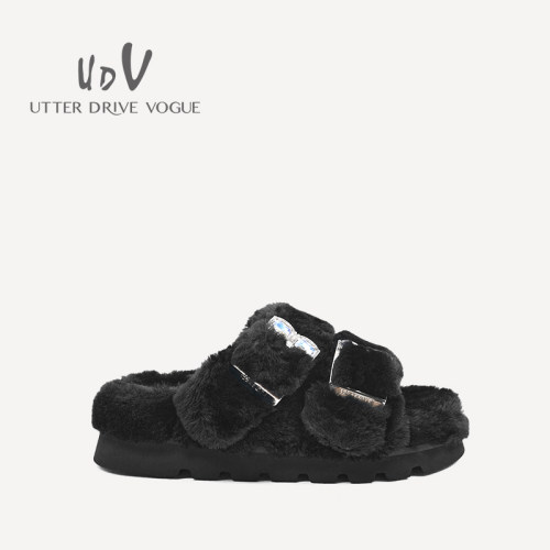 UDV2024秋冬新品羊羔毛时尚拖鞋圆头平底厚底女鞋休闲棉拖鞋