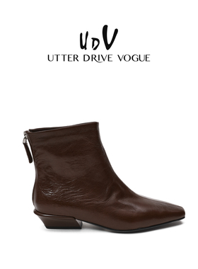 UDV气质女神羊皮时装短靴女2025秋季新款粗跟裸靴韩版优雅瘦瘦靴