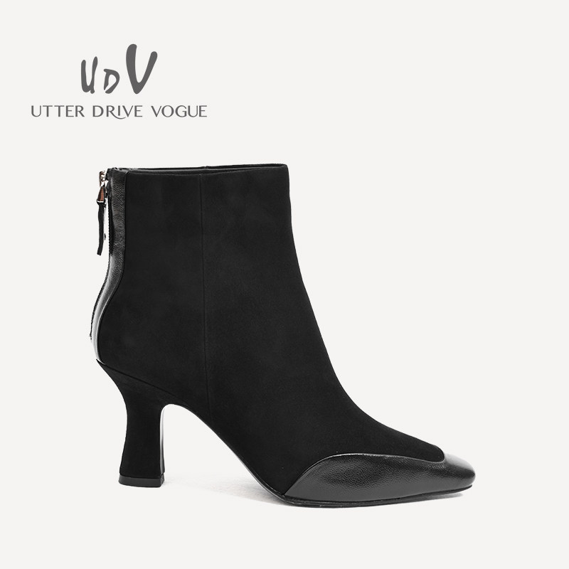 UDV2024秋冬新品真皮拼接羊皮时装靴子方圆头中跟女鞋气质通勤风