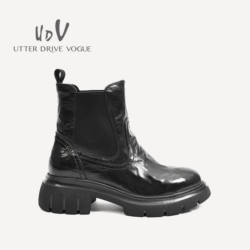 UDV2024秋冬新品真皮抓皱牛皮英伦风骑士靴圆头厚底女鞋切尔西靴