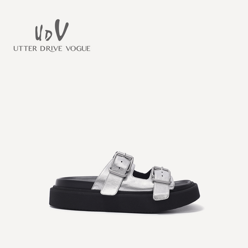 UDV2024春夏真皮牛皮英伦风拖鞋圆头平底时尚女鞋潮酷沙滩鞋