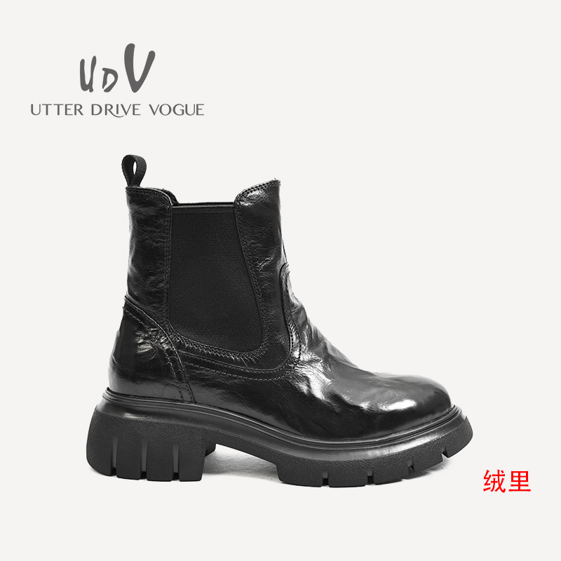 UDV2024冬季真皮抓皱牛皮英伦风骑士靴圆头厚底绒里女鞋切尔西靴