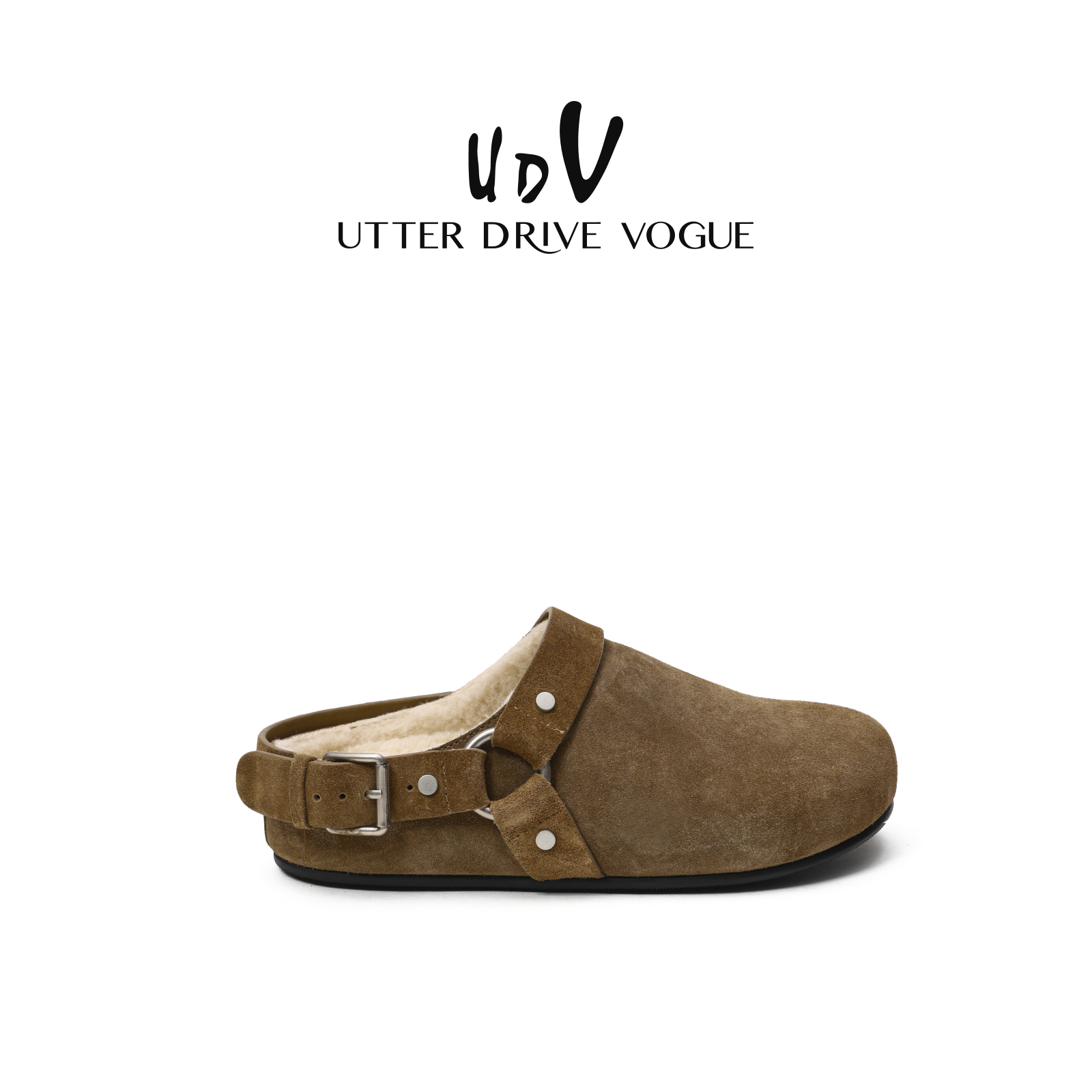 UDV韩版勃肯鞋女无后跟2025秋冬新款磨砂真皮金属扣勃肯半拖加绒
