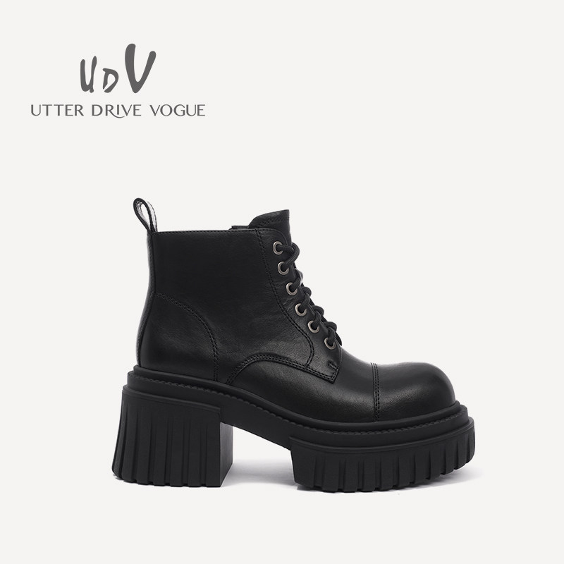 UDV2024秋冬新品真皮牛皮时尚马丁靴圆头厚底粗跟女鞋英伦风靴子