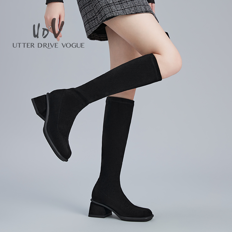 UDV高跟长筒靴方头绒面弹力靴