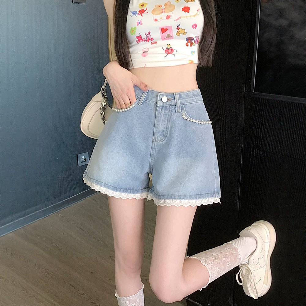 甜辣严选牛仔短裤女夏季高腰显瘦阔腿A字大码百搭小个子钉珠花边