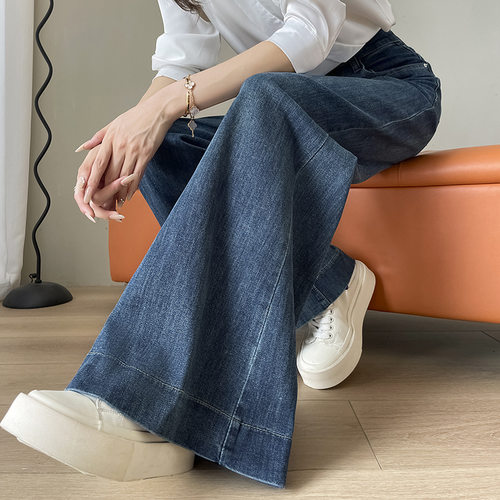 爆款蓝色大阔腿牛仔裤女春秋季高腰梨型身材弹力宽松女士拖地长裤