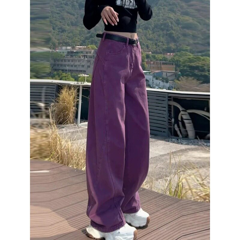 热卖美式复古紫色牛仔裤女款四季休闲弯刀女大码宽松显瘦直筒长裤