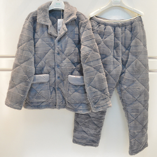 精雅睡衣2026冬季男士牛奶绒横纹三层夹棉加厚加绒青年棉袄家居服